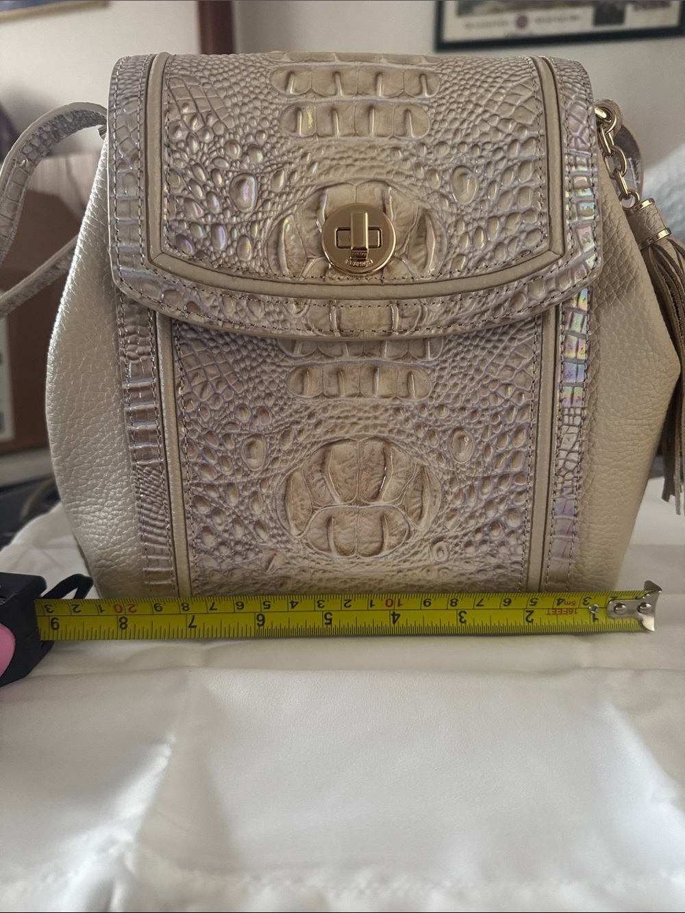 Brahmin Iridescent Cream Croc-Embossed Shoulder Bag with Gold Hardware
